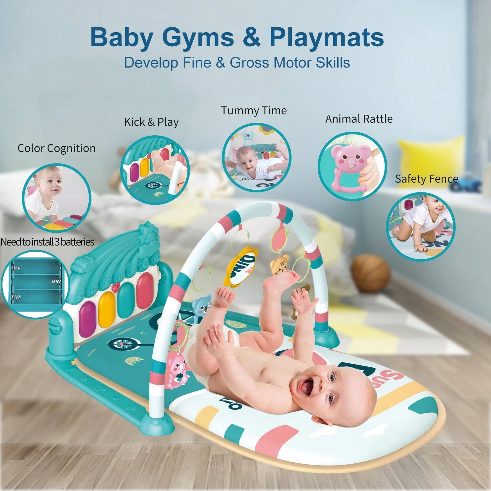Baby Play Mat Baby Gym, Piano Tummy Time Baby Activity Gym Mat With 5 Infant Learning Sensory Baby Toys, Music And Lights Boy & Girl Gifts For Newborn