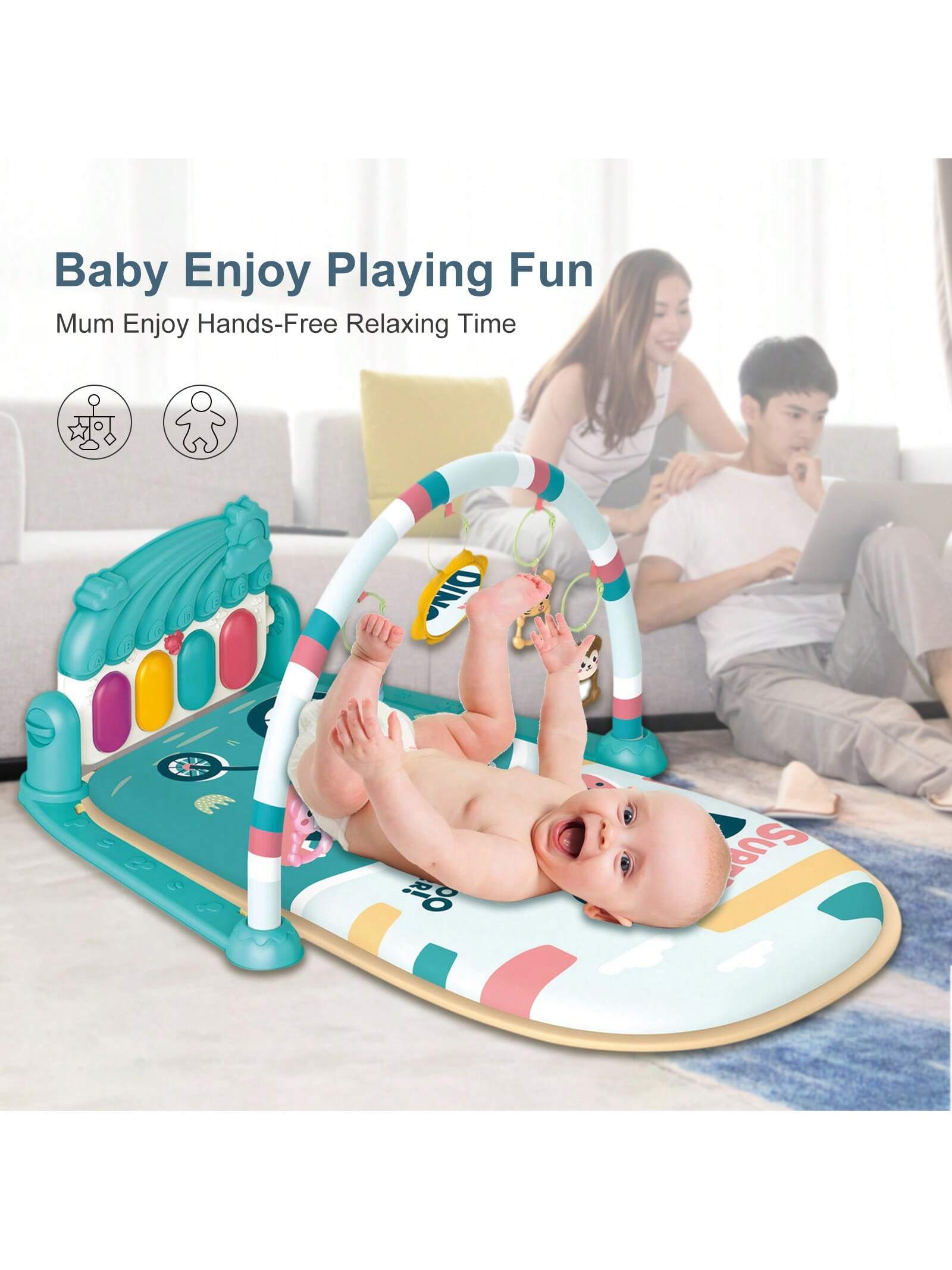 Baby Play Mat Baby Gym, Piano Tummy Time Baby Activity Gym Mat With 5 Infant Learning Sensory Baby Toys, Music And Lights Boy & Girl Gifts For Newborn