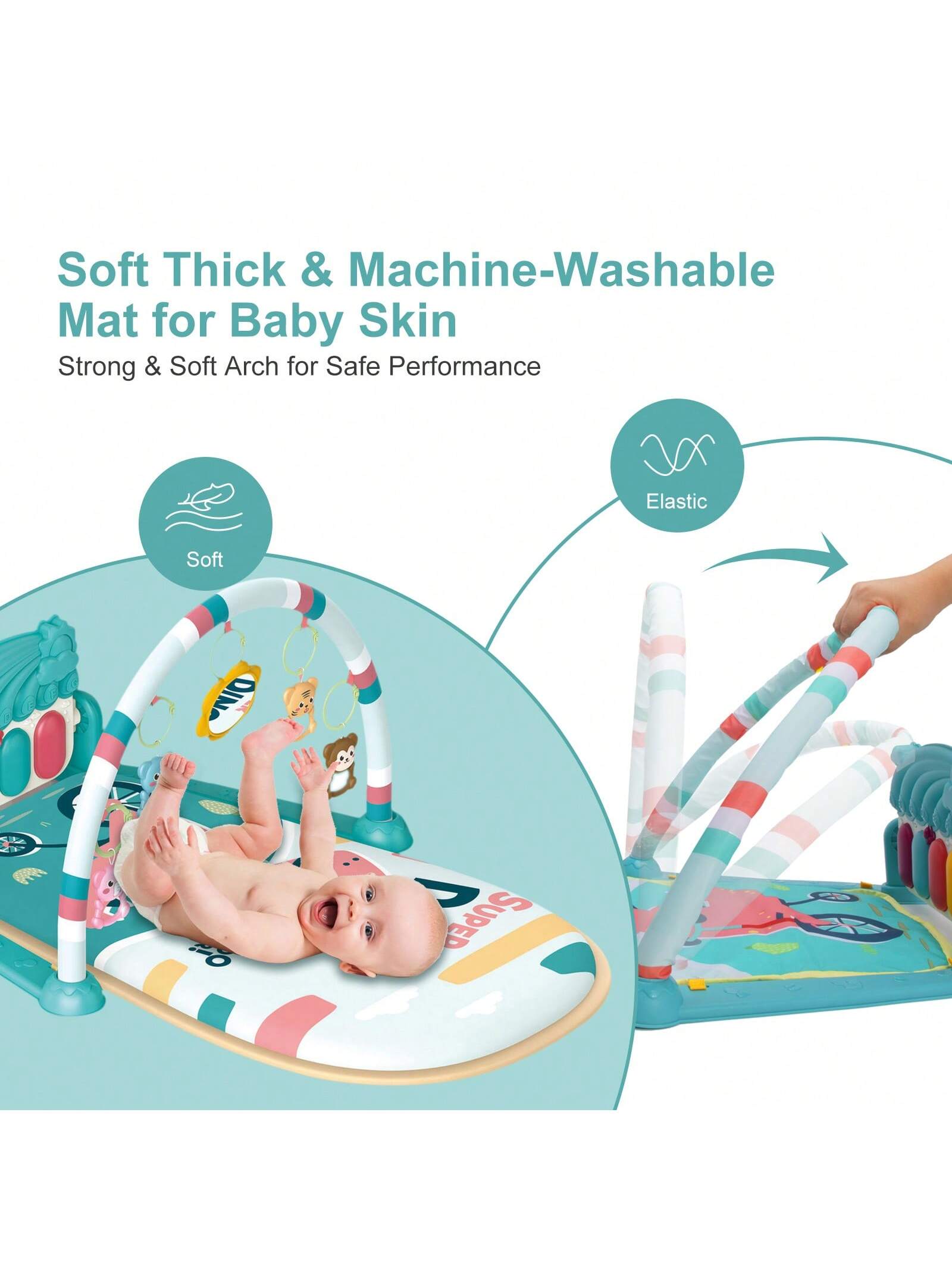 Baby Play Mat Baby Gym, Piano Tummy Time Baby Activity Gym Mat With 5 Infant Learning Sensory Baby Toys, Music And Lights Boy & Girl Gifts For Newborn