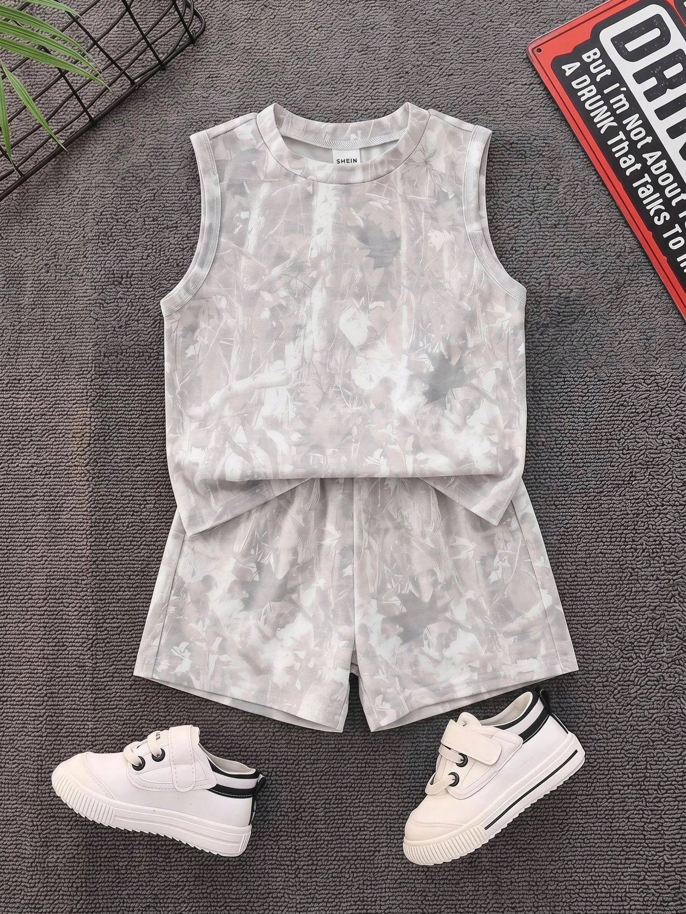 Babyboy Street Style Versatile Printed Pattern Loose Tank Top & Elastic Waist Shorts Set