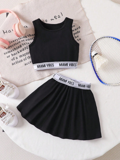 Babygirl Cute Black Letter Webbing Strap Top And Elasticated Waist Skirt Set, Summer Casual