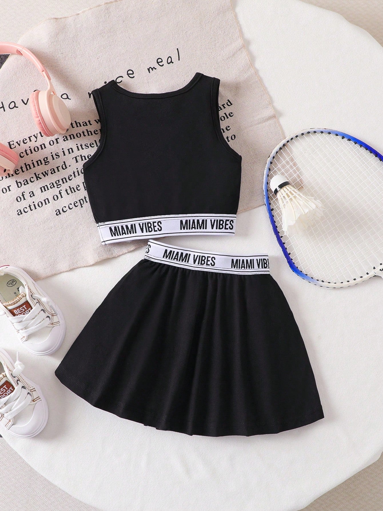 Babygirl Cute Black Letter Webbing Strap Top And Elasticated Waist Skirt Set, Summer Casual