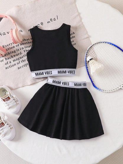 Babygirl Cute Black Letter Webbing Strap Top And Elasticated Waist Skirt Set, Summer Casual