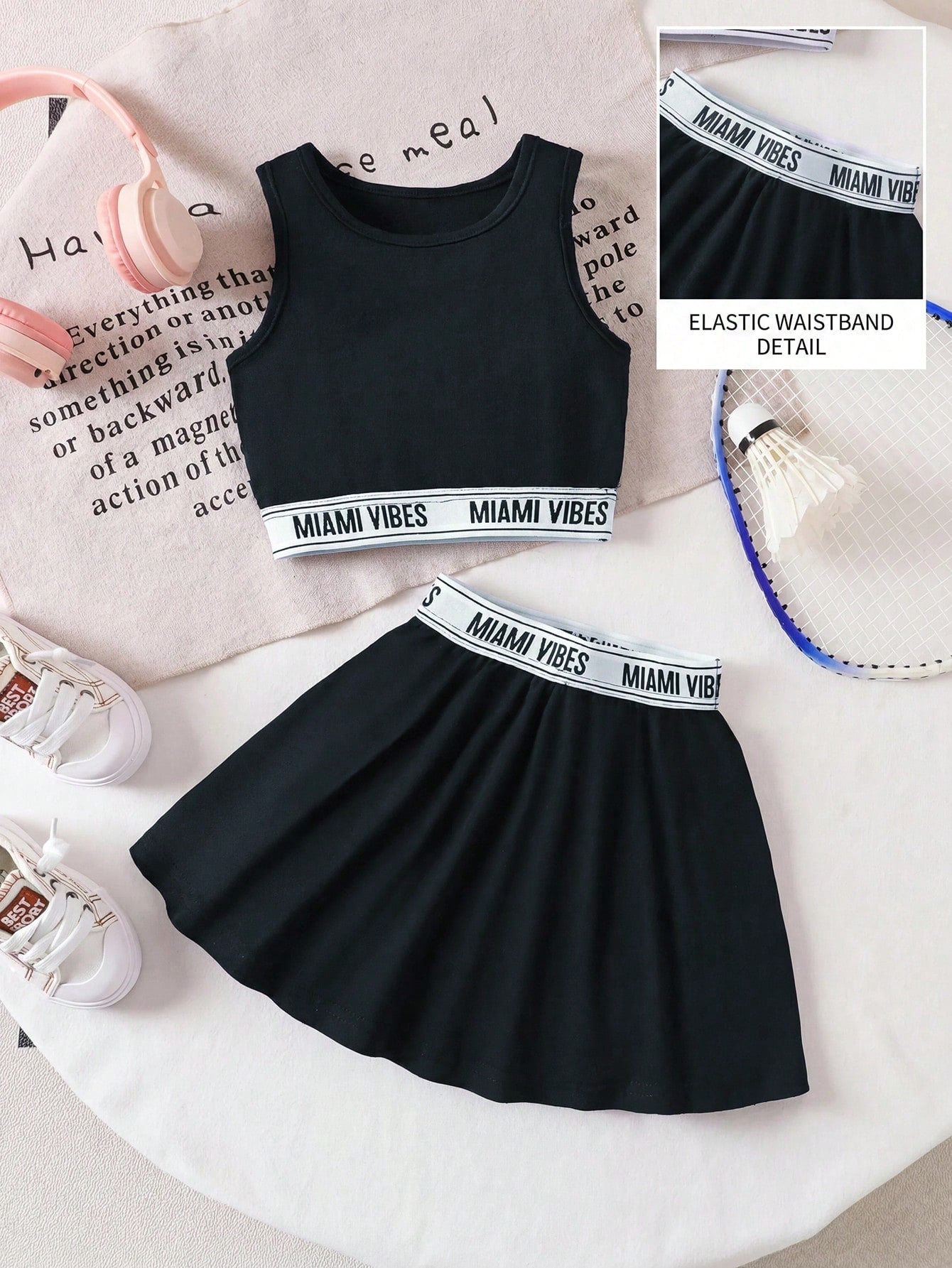 Babygirl Cute Black Letter Webbing Strap Top And Elasticated Waist Skirt Set, Summer Casual