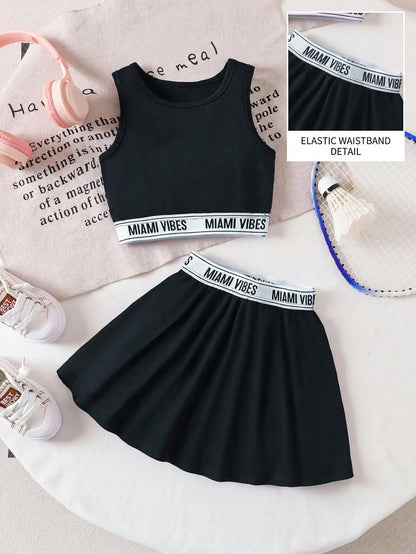 Babygirl Cute Black Letter Webbing Strap Top And Elasticated Waist Skirt Set, Summer Casual