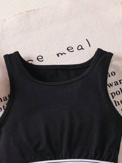 Babygirl Cute Black Letter Webbing Strap Top And Elasticated Waist Skirt Set, Summer Casual