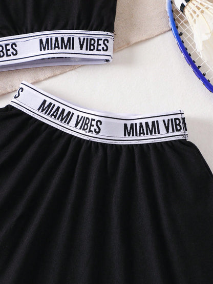 Babygirl Cute Black Letter Webbing Strap Top And Elasticated Waist Skirt Set, Summer Casual