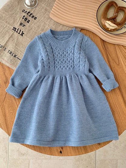 Babygirl Cute Solid Blue Long Sleeve Knit Sweater Dress, Minimalist Style For Autumn/Winter Fall