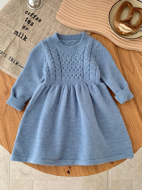 Babygirl Cute Solid Blue Long Sleeve Knit Sweater Dress, Minimalist Style For Autumn/Winter Fall