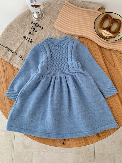 Babygirl Cute Solid Blue Long Sleeve Knit Sweater Dress, Minimalist Style For Autumn/Winter Fall