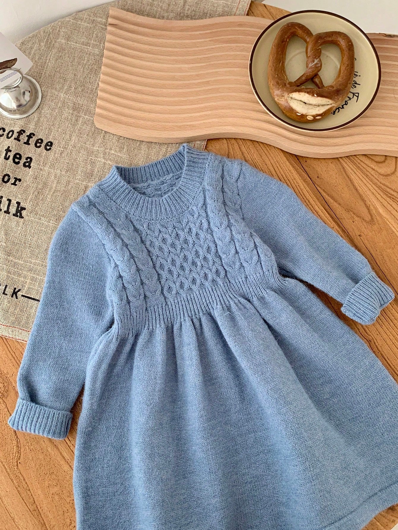 Babygirl Cute Solid Blue Long Sleeve Knit Sweater Dress, Minimalist Style For Autumn/Winter Fall