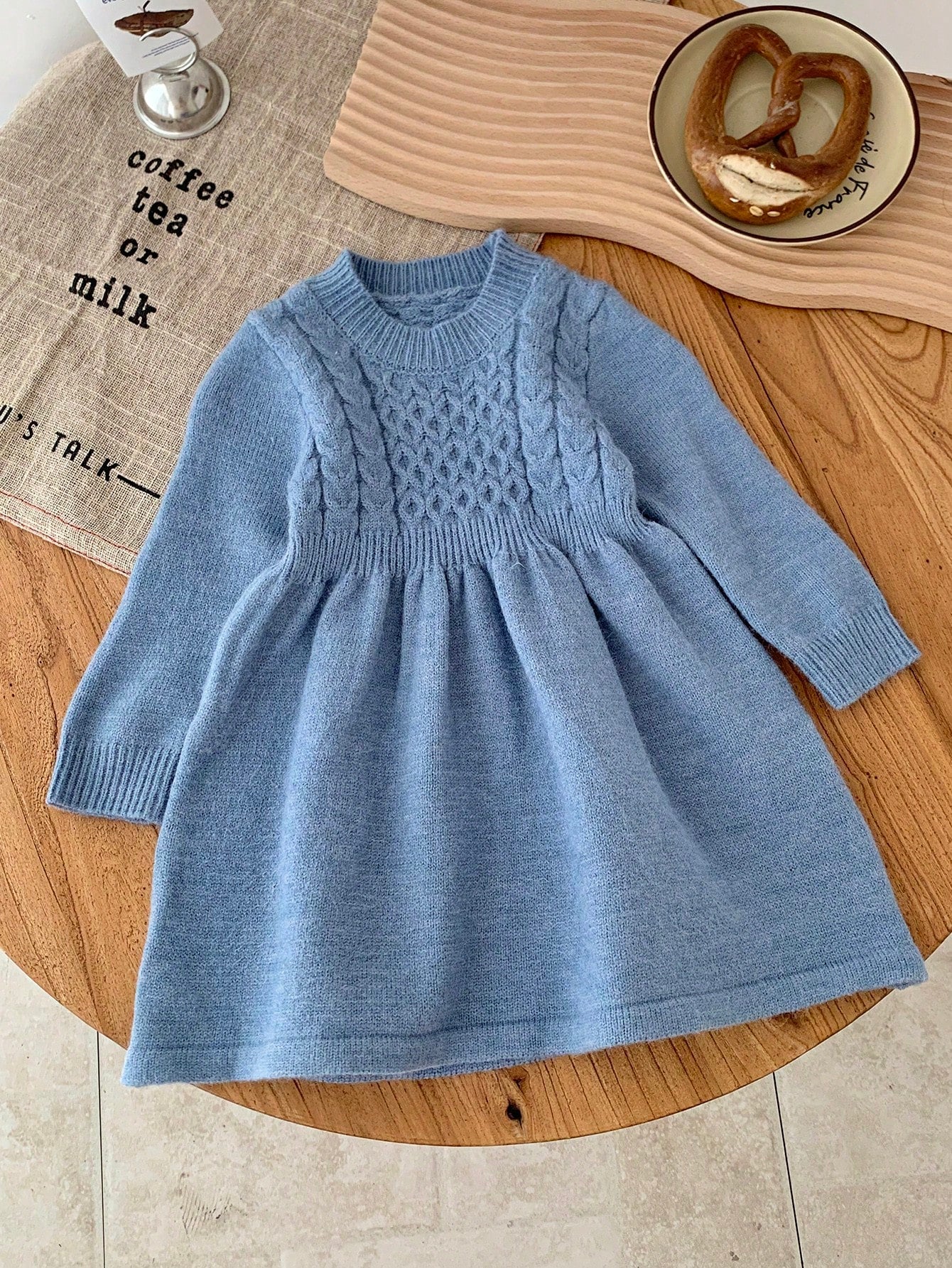 Babygirl Cute Solid Blue Long Sleeve Knit Sweater Dress, Minimalist Style For Autumn/Winter Fall