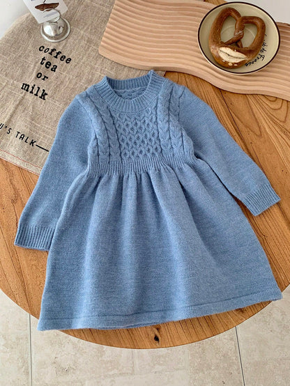 Babygirl Cute Solid Blue Long Sleeve Knit Sweater Dress, Minimalist Style For Autumn/Winter Fall