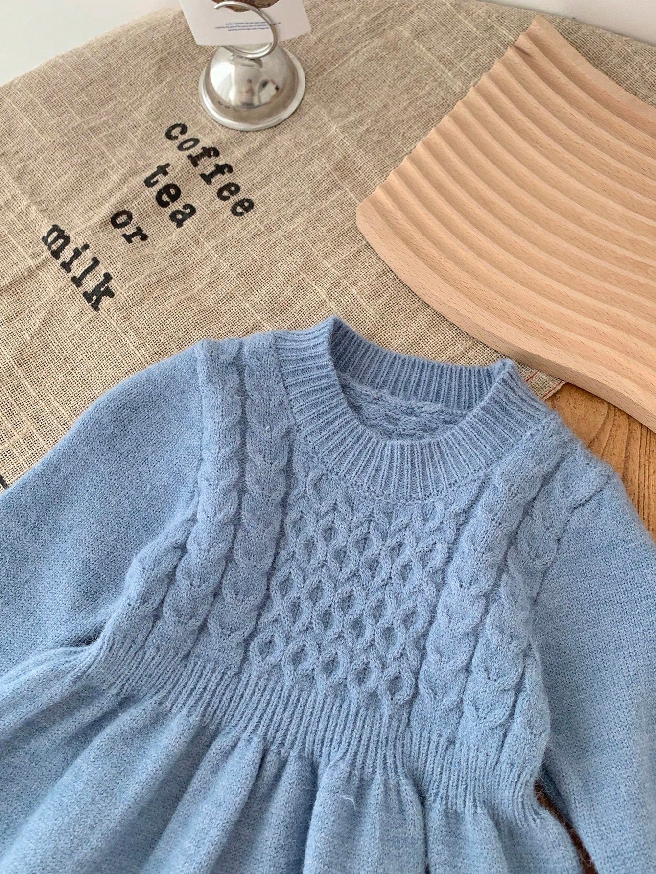 Babygirl Cute Solid Blue Long Sleeve Knit Sweater Dress, Minimalist Style For Autumn/Winter Fall