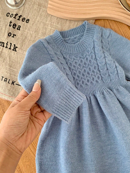 Babygirl Cute Solid Blue Long Sleeve Knit Sweater Dress, Minimalist Style For Autumn/Winter Fall