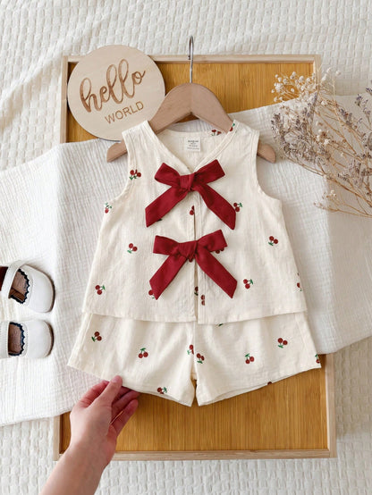 Babygirl Cute Summer Pink Striped Bow Decor Camisole & Elastic Waist Shorts Set
