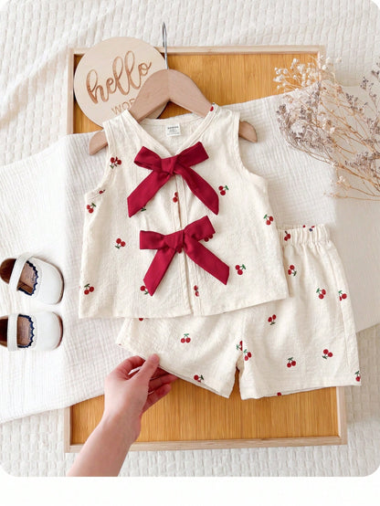 Babygirl Cute Summer Pink Striped Bow Decor Camisole & Elastic Waist Shorts Set