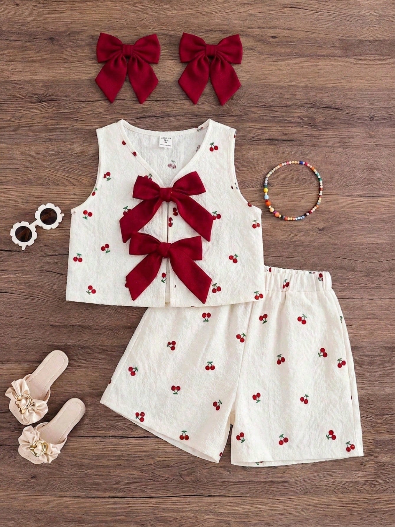 Babygirl Cute Summer Pink Striped Bow Decor Camisole & Elastic Waist Shorts Set