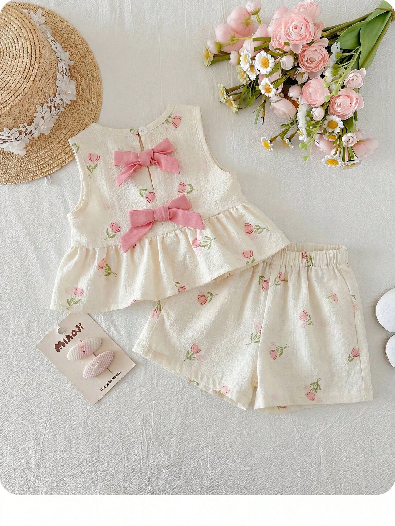 Babygirl Cute Summer Pink Striped Bow Decor Camisole & Elastic Waist Shorts Set