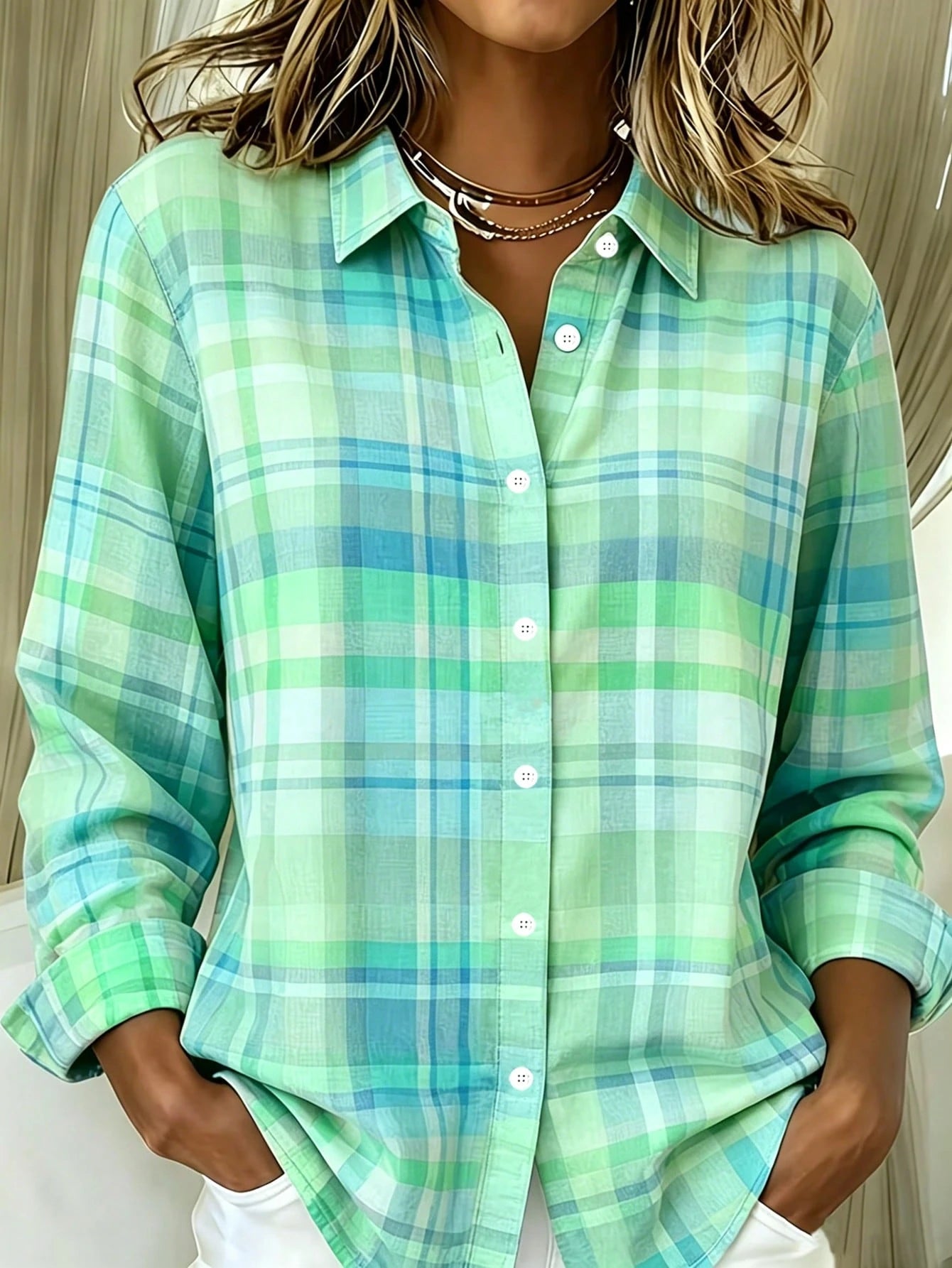 Back To School Casual Fashion Plaid Print Women's Plus Size Lightweight Long Sleeve Shirt