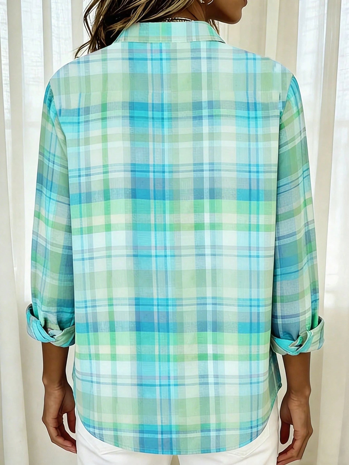 Back To School Casual Fashion Plaid Print Women's Plus Size Lightweight Long Sleeve Shirt