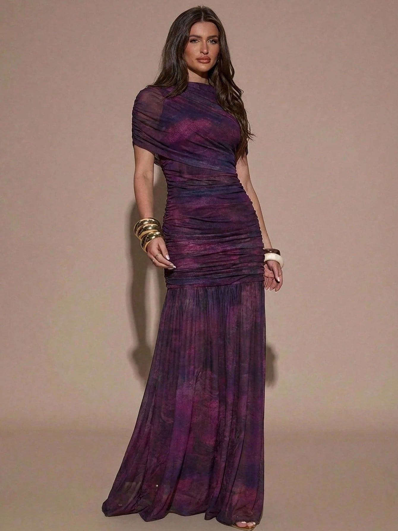 BAE Dark Purple Floral Print Round Neck Short Sleeve Ruched Flare Hem Elegant Sexy Bodycon Dress, Elegant Dress Party Summer