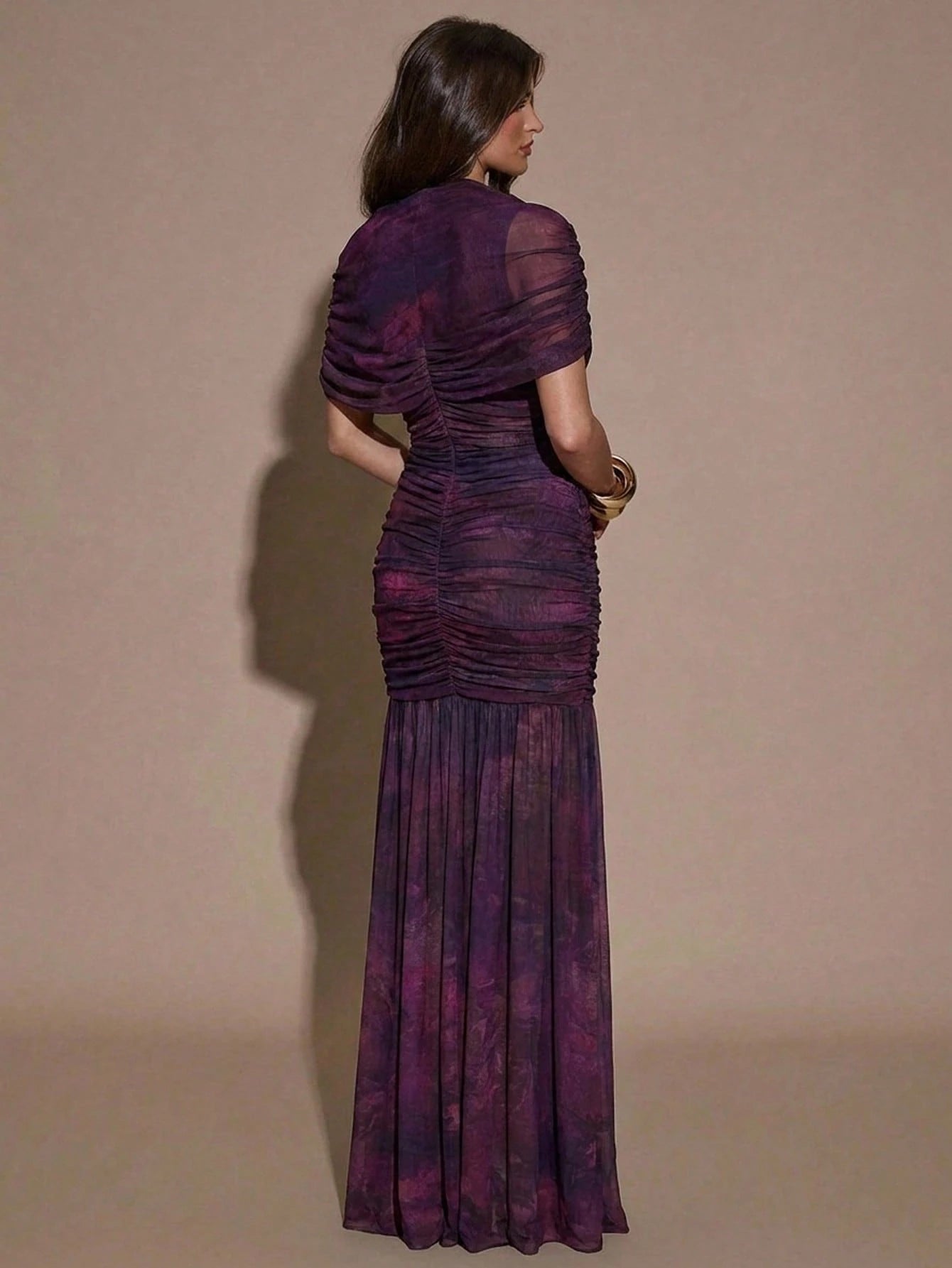 BAE Dark Purple Floral Print Round Neck Short Sleeve Ruched Flare Hem Elegant Sexy Bodycon Dress, Elegant Dress Party Summer