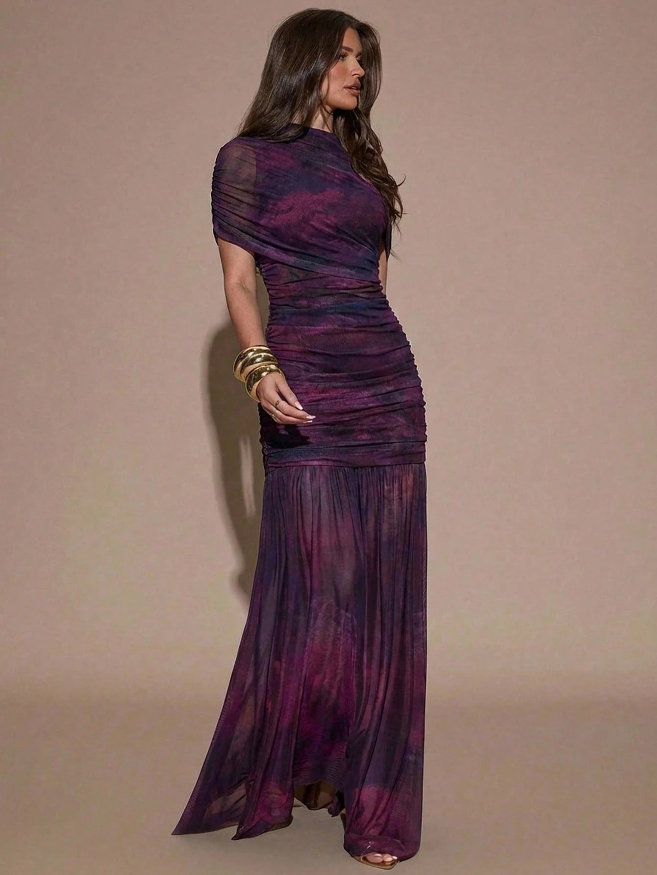BAE Dark Purple Floral Print Round Neck Short Sleeve Ruched Flare Hem Elegant Sexy Bodycon Dress, Elegant Dress Party Summer