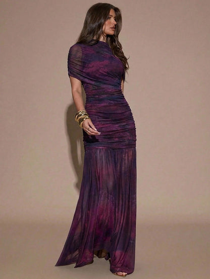 BAE Dark Purple Floral Print Round Neck Short Sleeve Ruched Flare Hem Elegant Sexy Bodycon Dress, Elegant Dress Party Summer