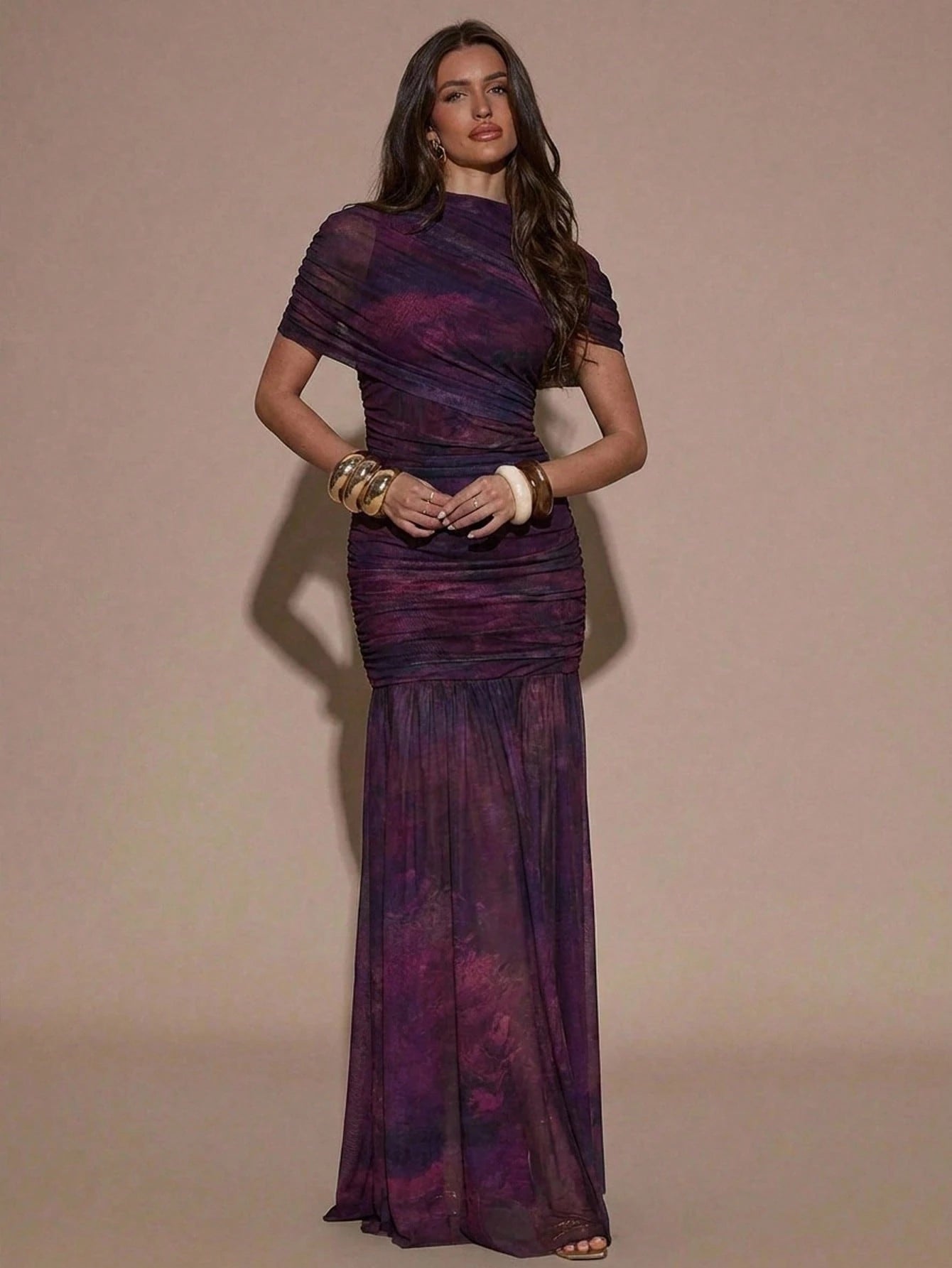 BAE Dark Purple Floral Print Round Neck Short Sleeve Ruched Flare Hem Elegant Sexy Bodycon Dress, Elegant Dress Party Summer