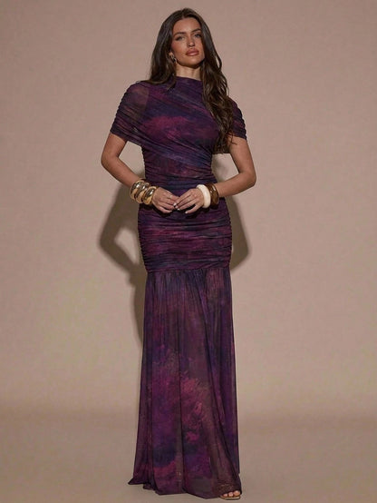 BAE Dark Purple Floral Print Round Neck Short Sleeve Ruched Flare Hem Elegant Sexy Bodycon Dress, Elegant Dress Party Summer