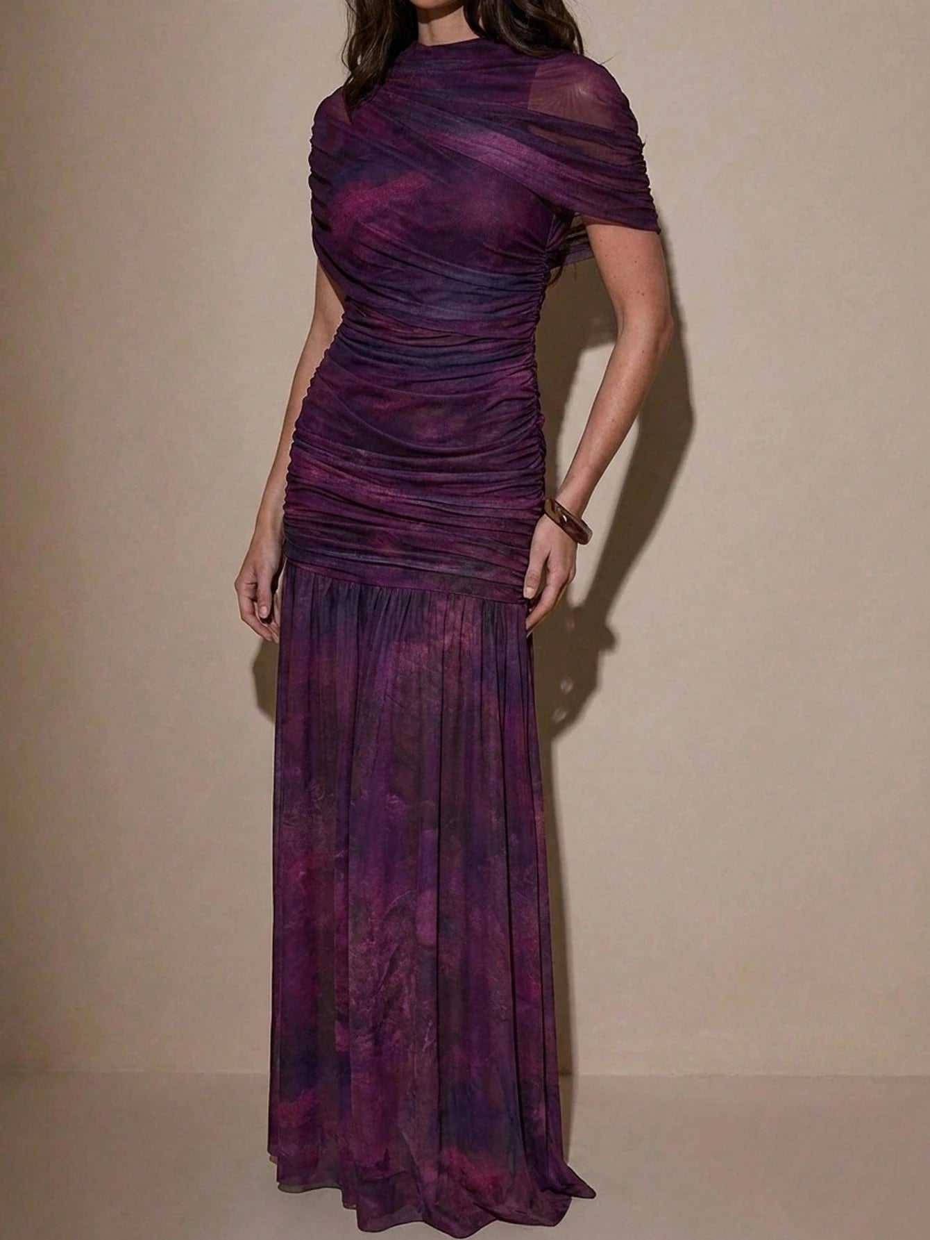 BAE Dark Purple Floral Print Round Neck Short Sleeve Ruched Flare Hem Elegant Sexy Bodycon Dress, Elegant Dress Party Summer