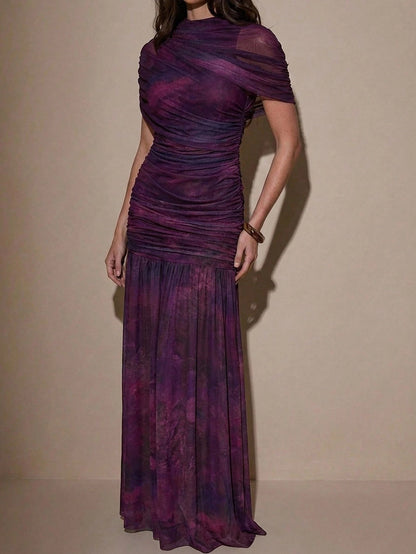 BAE Dark Purple Floral Print Round Neck Short Sleeve Ruched Flare Hem Elegant Sexy Bodycon Dress, Elegant Dress Party Summer