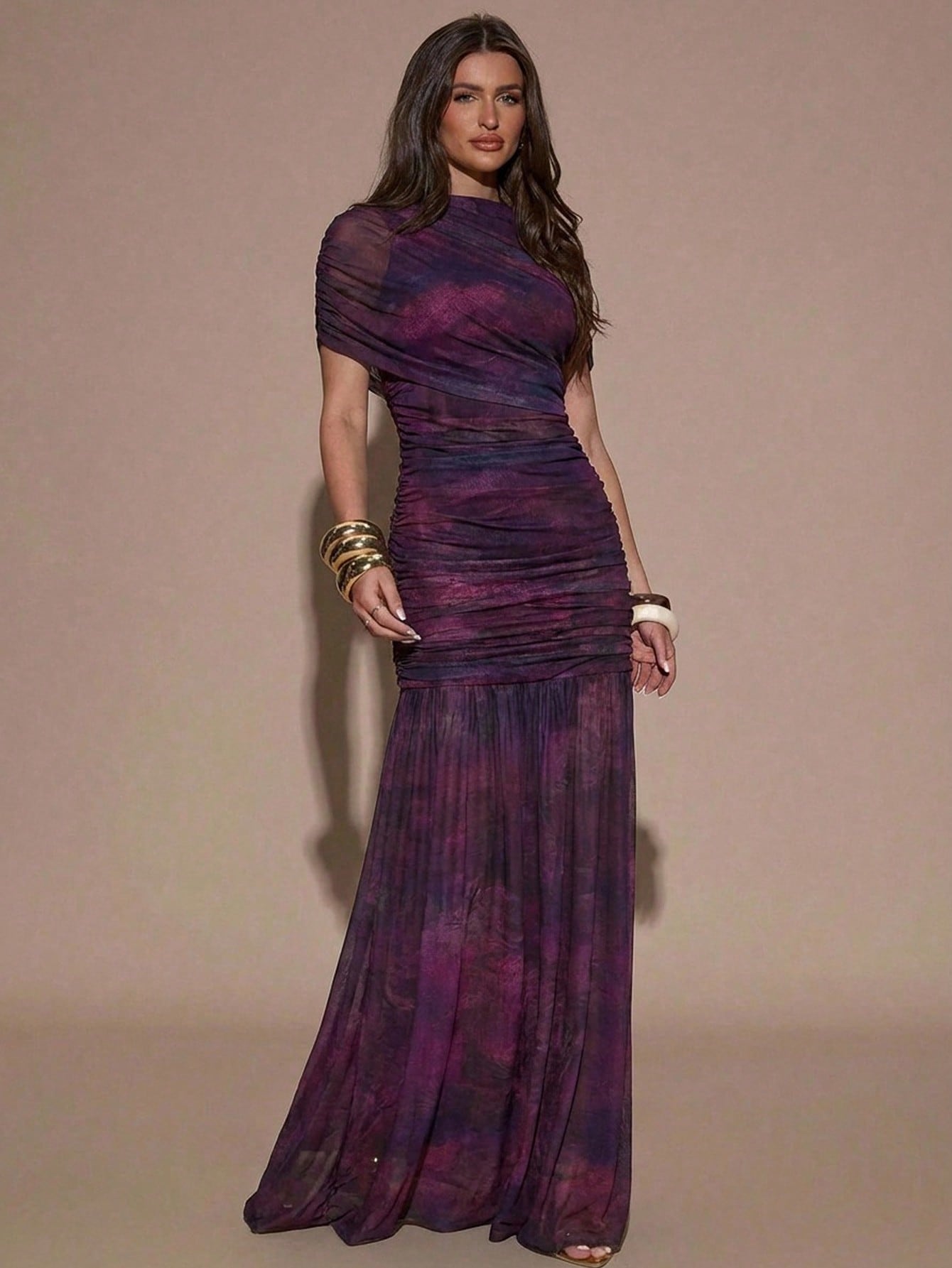 BAE Dark Purple Floral Print Round Neck Short Sleeve Ruched Flare Hem Elegant Sexy Bodycon Dress, Elegant Dress Party Summer