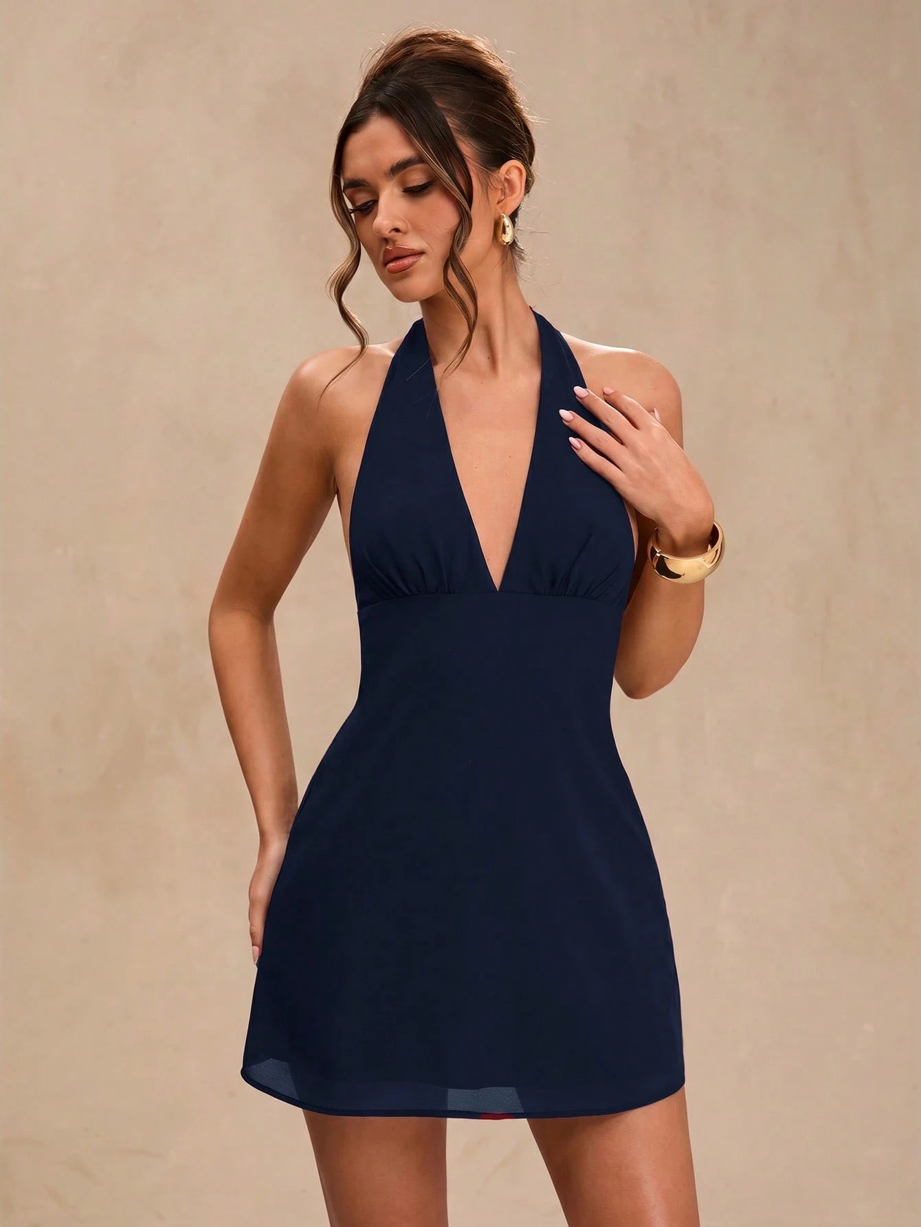 BAE Spring/Summer Solid Black Deep Draped Neck Halter Sexy Cowl Neck Backless Chiffon Mini Dress For Women