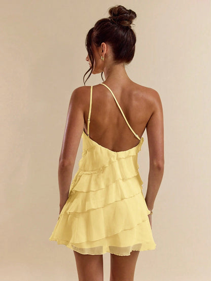 BAE Summer Women's Light Yellow Layered Lotus Leaf Cake Mini Dress,Seductive Solid Color Summer Beach Vacation Date Night Out Party Rave Festival Outfit