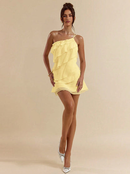 BAE Summer Women's Light Yellow Layered Lotus Leaf Cake Mini Dress,Seductive Solid Color Summer Beach Vacation Date Night Out Party Rave Festival Outfit