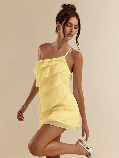 BAE Summer Women's Light Yellow Layered Lotus Leaf Cake Mini Dress,Seductive Solid Color Summer Beach Vacation Date Night Out Party Rave Festival Outfit