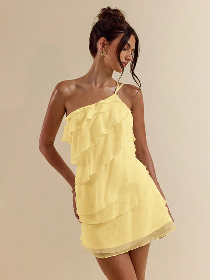 BAE Summer Women's Light Yellow Layered Lotus Leaf Cake Mini Dress,Seductive Solid Color Summer Beach Vacation Date Night Out Party Rave Festival Outfit