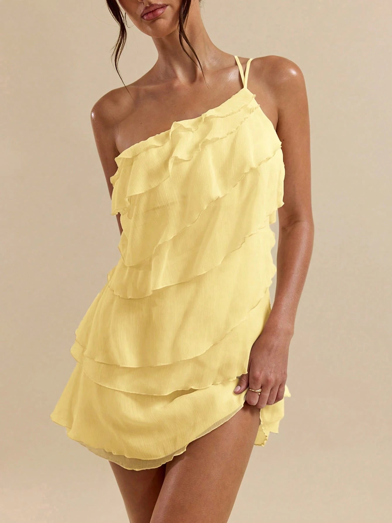 BAE Summer Women's Light Yellow Layered Lotus Leaf Cake Mini Dress,Seductive Solid Color Summer Beach Vacation Date Night Out Party Rave Festival Outfit