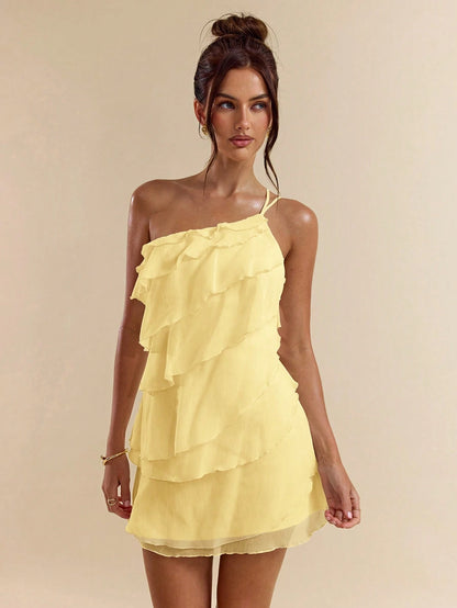 BAE Summer Women's Light Yellow Layered Lotus Leaf Cake Mini Dress,Seductive Solid Color Summer Beach Vacation Date Night Out Party Rave Festival Outfit