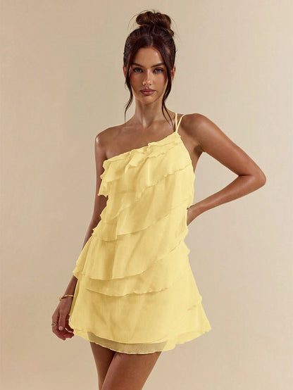 BAE Summer Women's Light Yellow Layered Lotus Leaf Cake Mini Dress,Seductive Solid Color Summer Beach Vacation Date Night Out Party Rave Festival Outfit