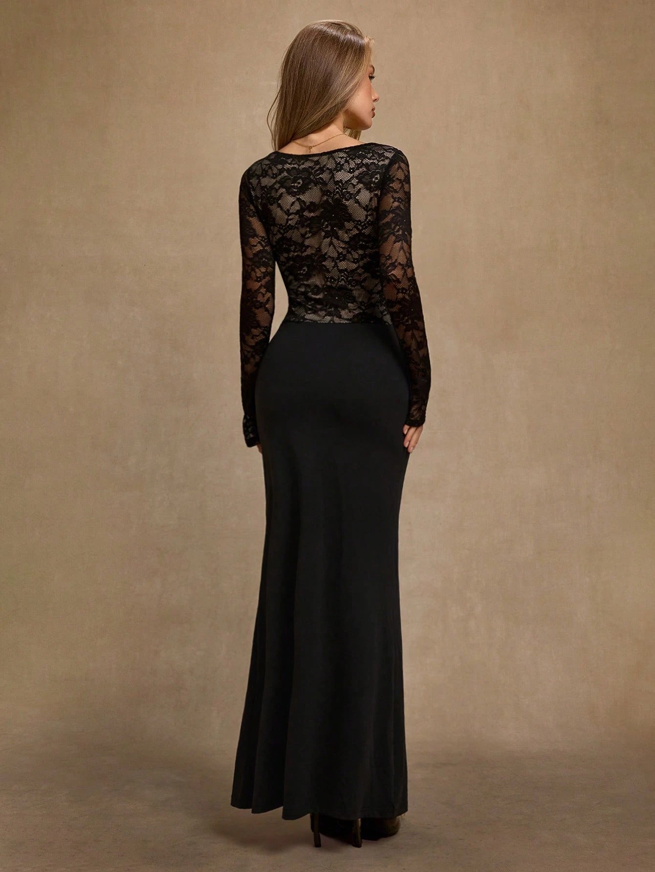 BAE Women's Black Floral Lace Flare Sleeve V-Neck Knit Patchwork Elegant Dress,Autumn Party Night Wedding Guest Valentine's Day Formal Evening Gown