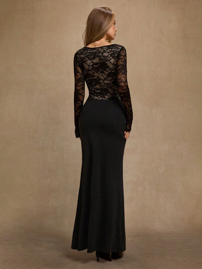 BAE Women's Black Floral Lace Flare Sleeve V-Neck Knit Patchwork Elegant Dress,Autumn Party Night Wedding Guest Valentine's Day Formal Evening Gown