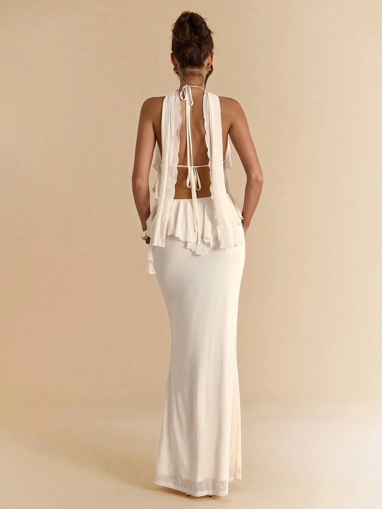 BAE Women's Cream White Summer Elegant Sexy Vacation Backless Strap Ruffle Hem Extra Long Maxi Dress,Bohemian Style Beach Music Concert Spring Dresses