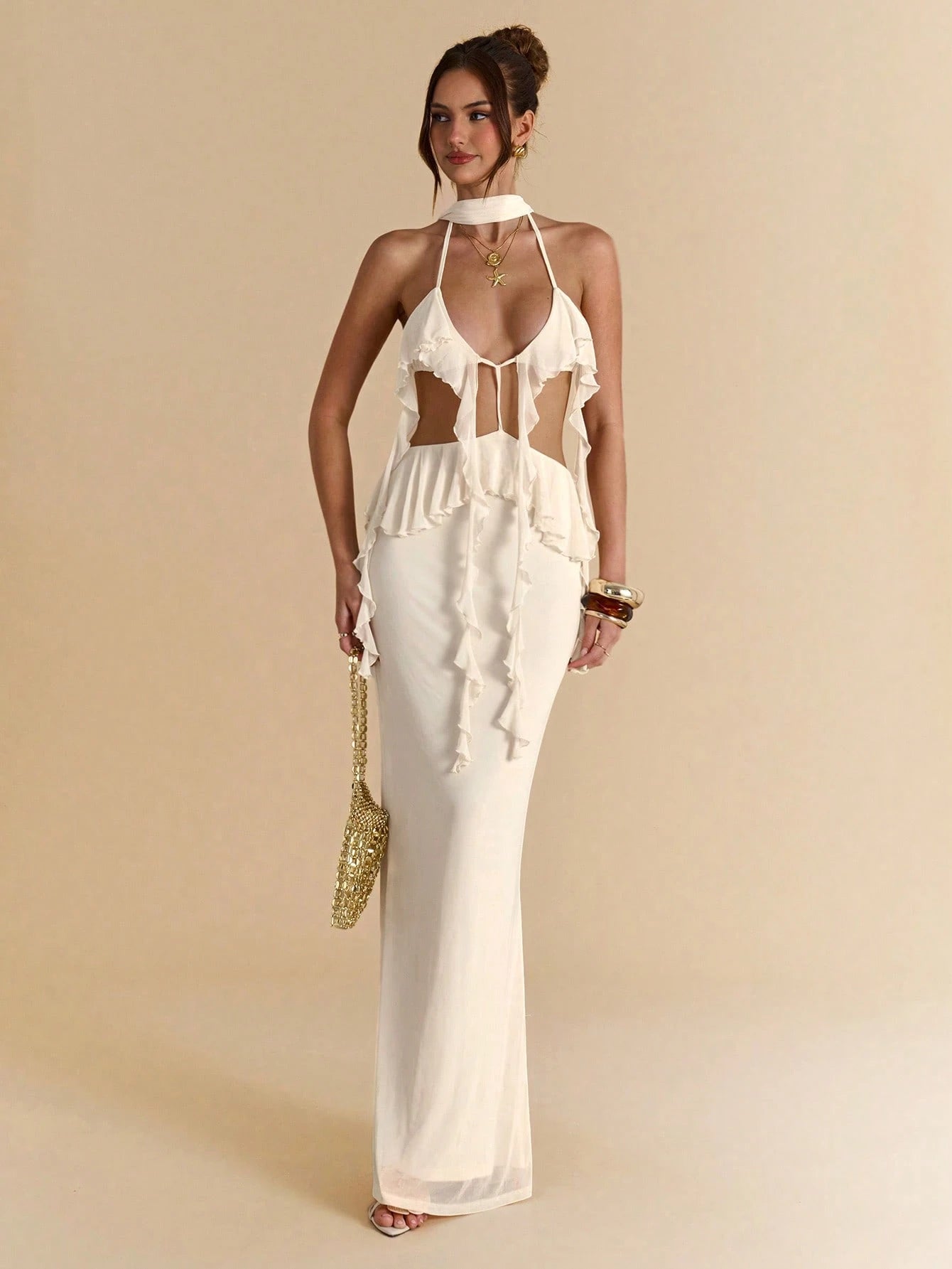 BAE Women's Cream White Summer Elegant Sexy Vacation Backless Strap Ruffle Hem Extra Long Maxi Dress,Bohemian Style Beach Music Concert Spring Dresses