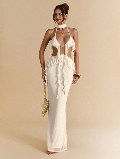 BAE Women's Cream White Summer Elegant Sexy Vacation Backless Strap Ruffle Hem Extra Long Maxi Dress,Bohemian Style Beach Music Concert Spring Dresses