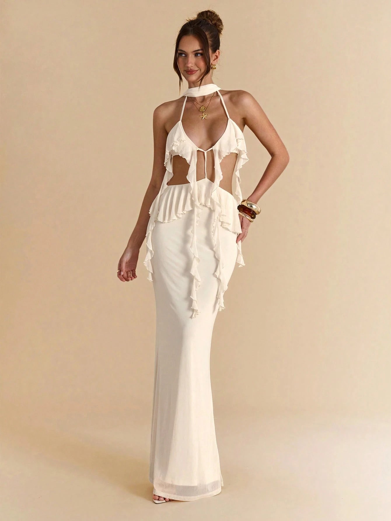 BAE Women's Cream White Summer Elegant Sexy Vacation Backless Strap Ruffle Hem Extra Long Maxi Dress,Bohemian Style Beach Music Concert Spring Dresses