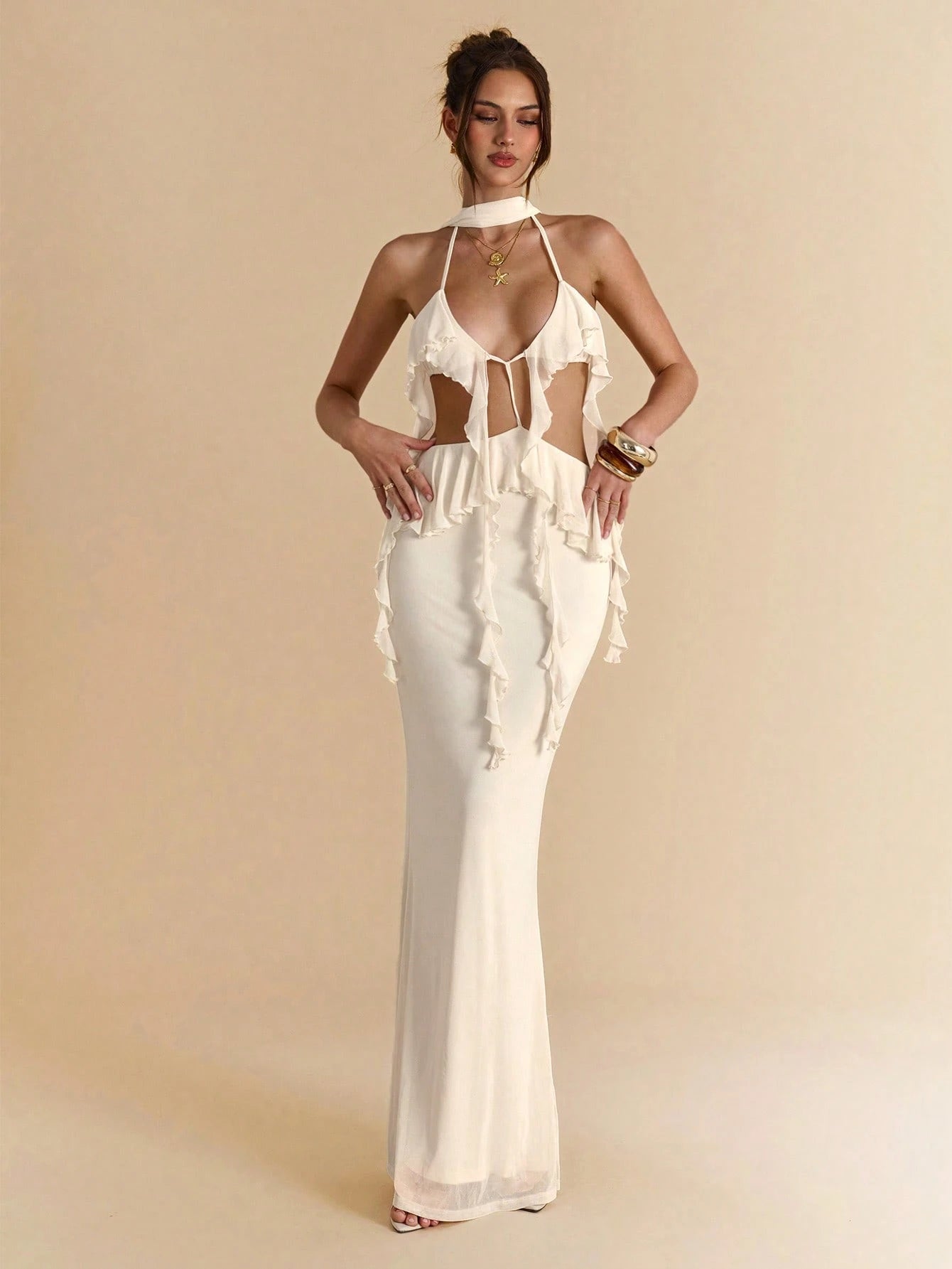 BAE Women's Cream White Summer Elegant Sexy Vacation Backless Strap Ruffle Hem Extra Long Maxi Dress,Bohemian Style Beach Music Concert Spring Dresses