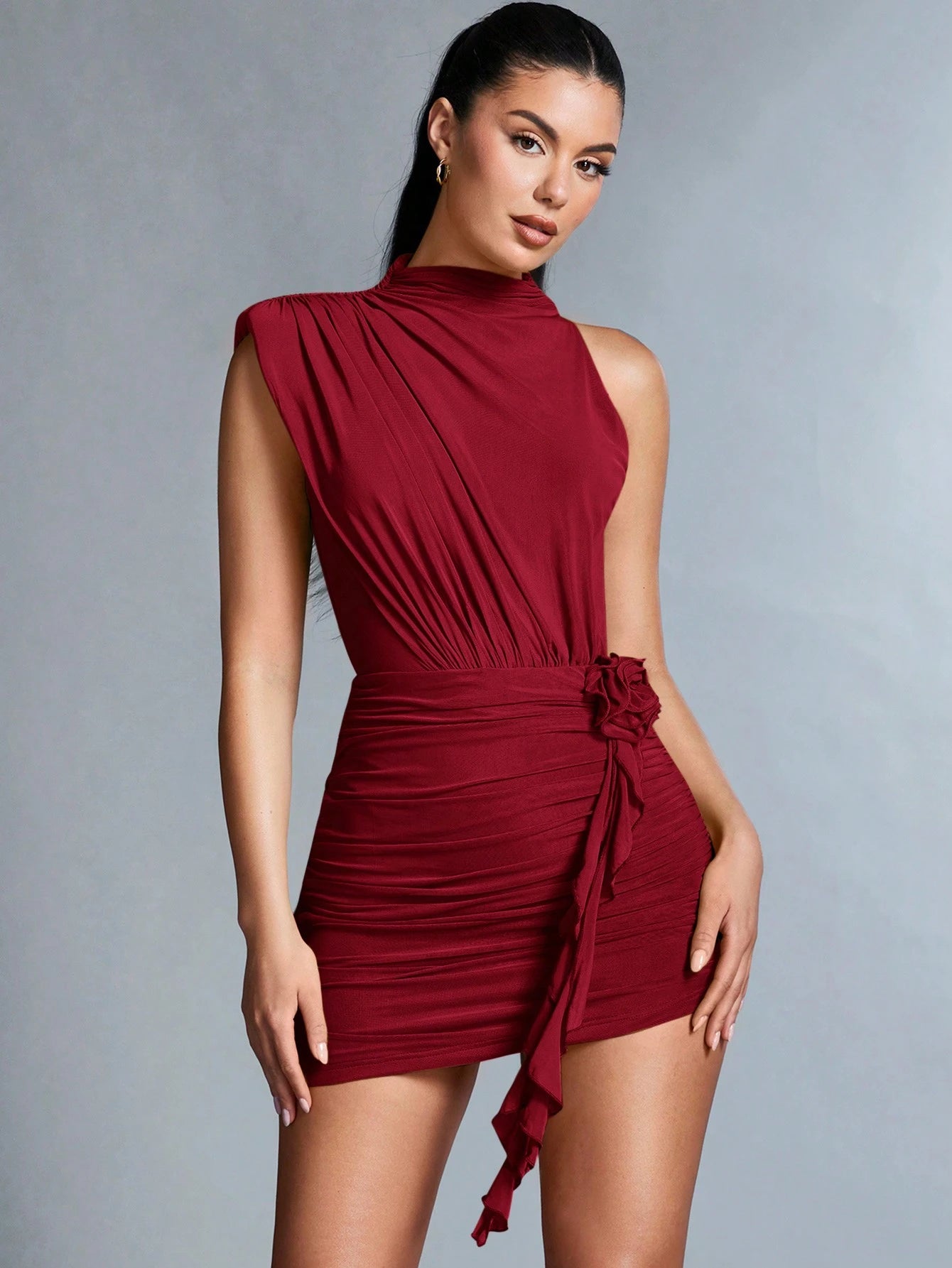 BAE Women Solid Color Stand Collar Sleeveless Simple Casual Short Dress With 3D Floral Decor,Valentine's Day,Valentine Outfits For Women